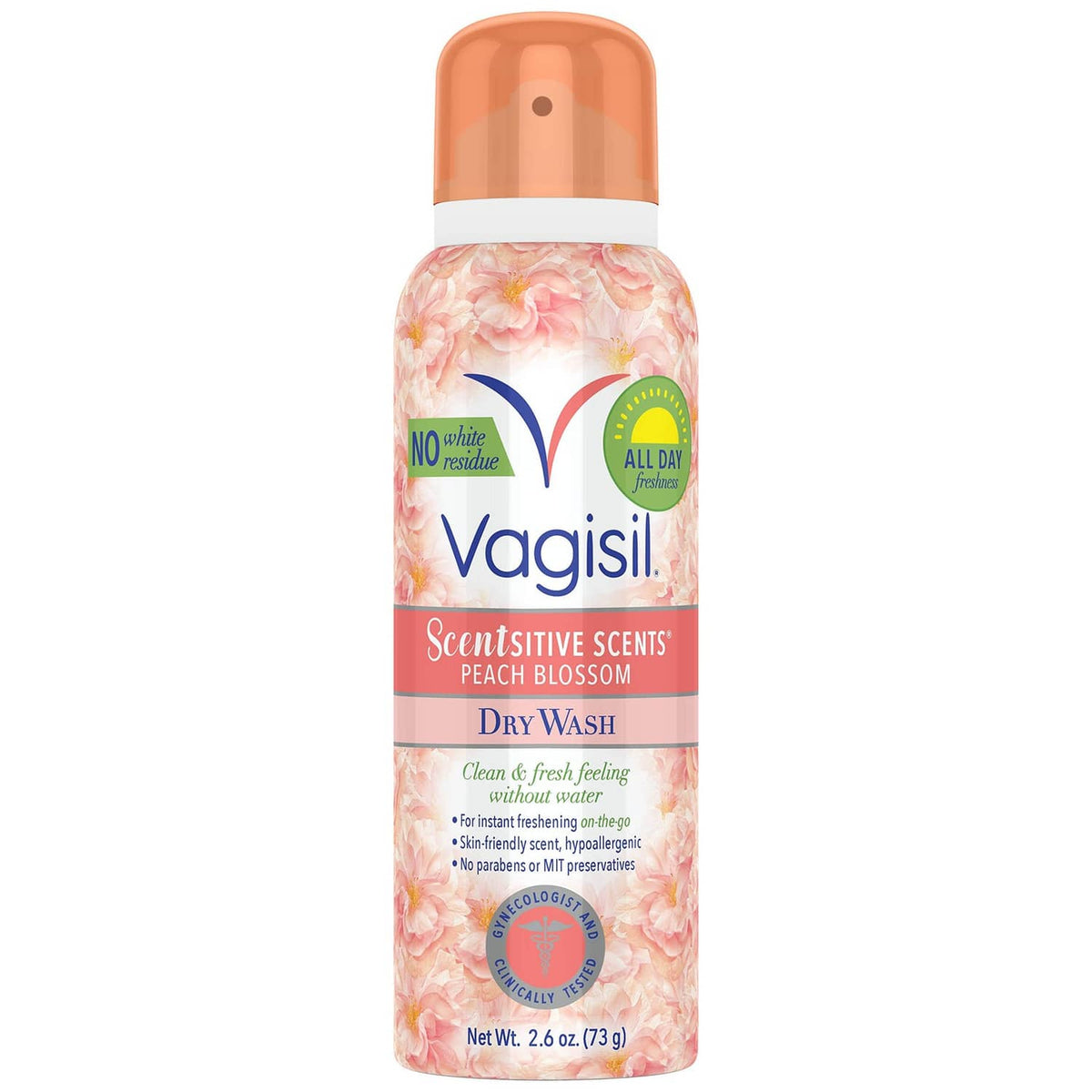 Vagisil dry wash deodorant spray bottle with peach blossom scent, orange cap