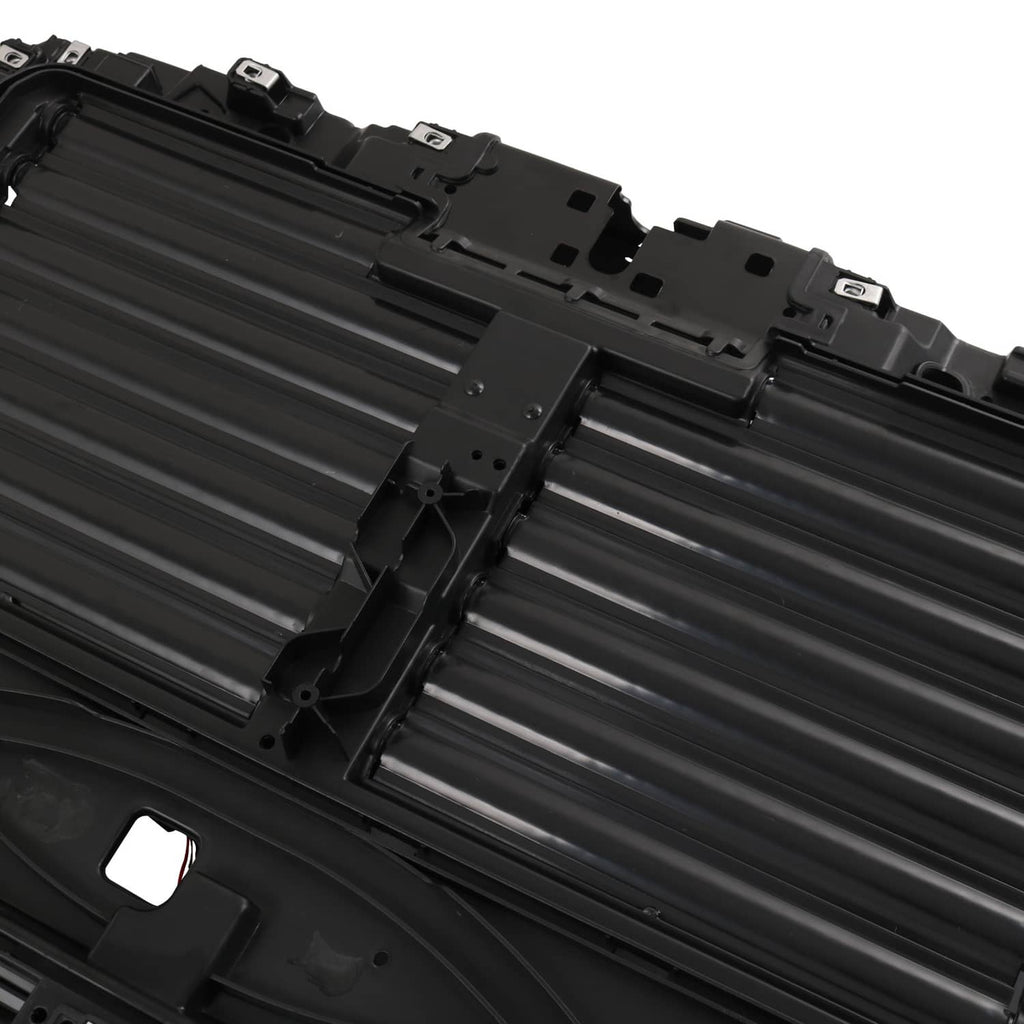 Detail of louvered grille panels on black active grille shutter motor assembly