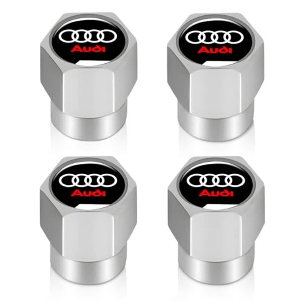 Silver metal valve stem caps with Audi logo, hexagonal grip shape