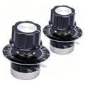 Dual rotary potentiometers with black knurled knobs and silver metal bases, 3-pin terminals