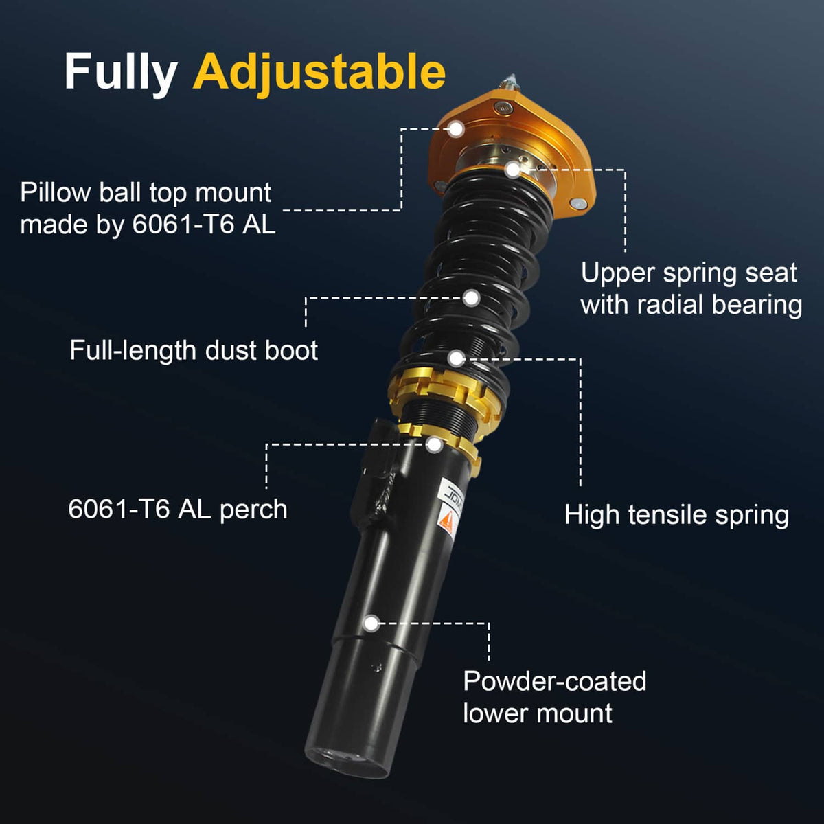 Coilover strut with gold adjustable top and black dust boot on black shock