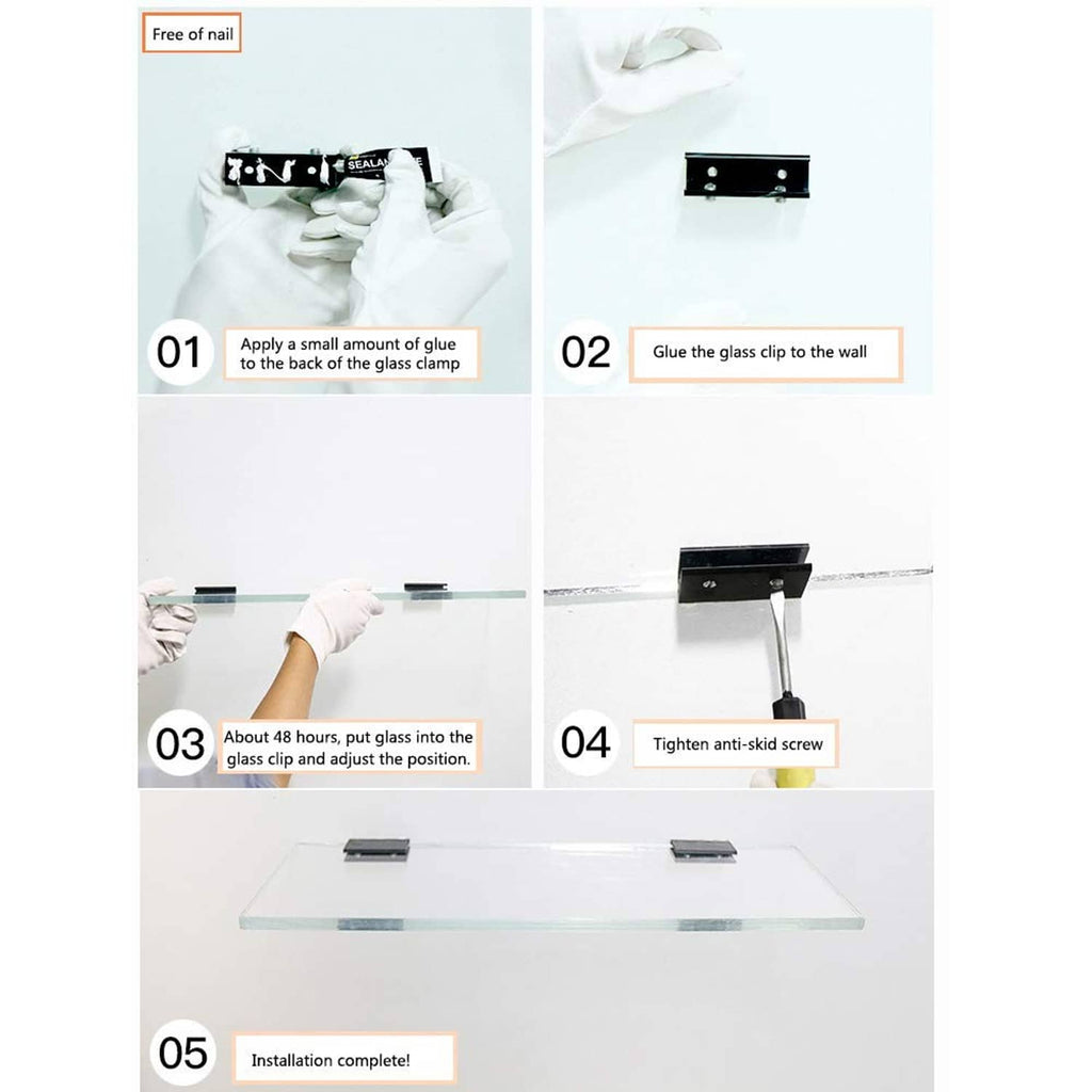 Square black glass shelf clamp clip positioned on glass during installation