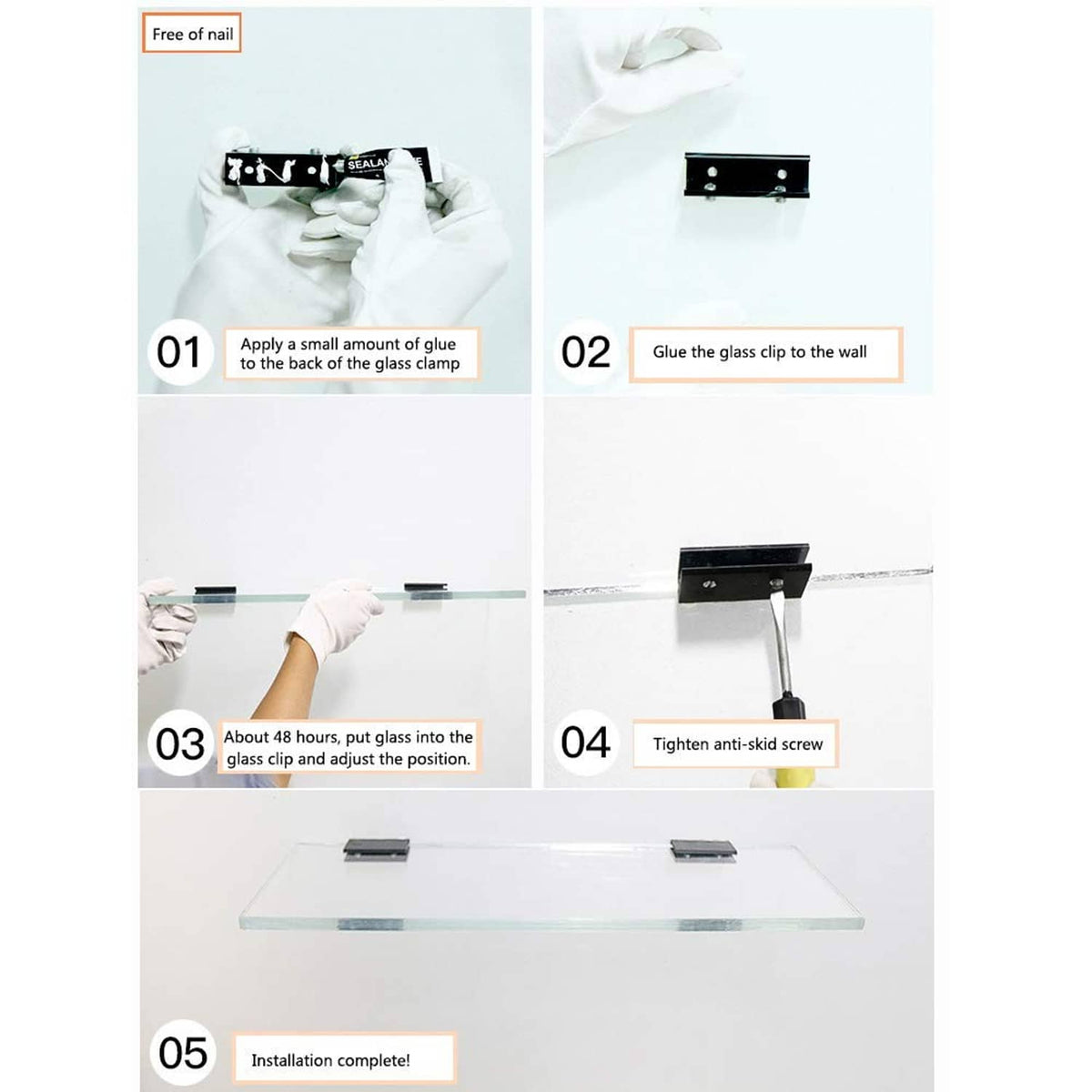 Square black glass shelf clamp clip positioned on glass during installation