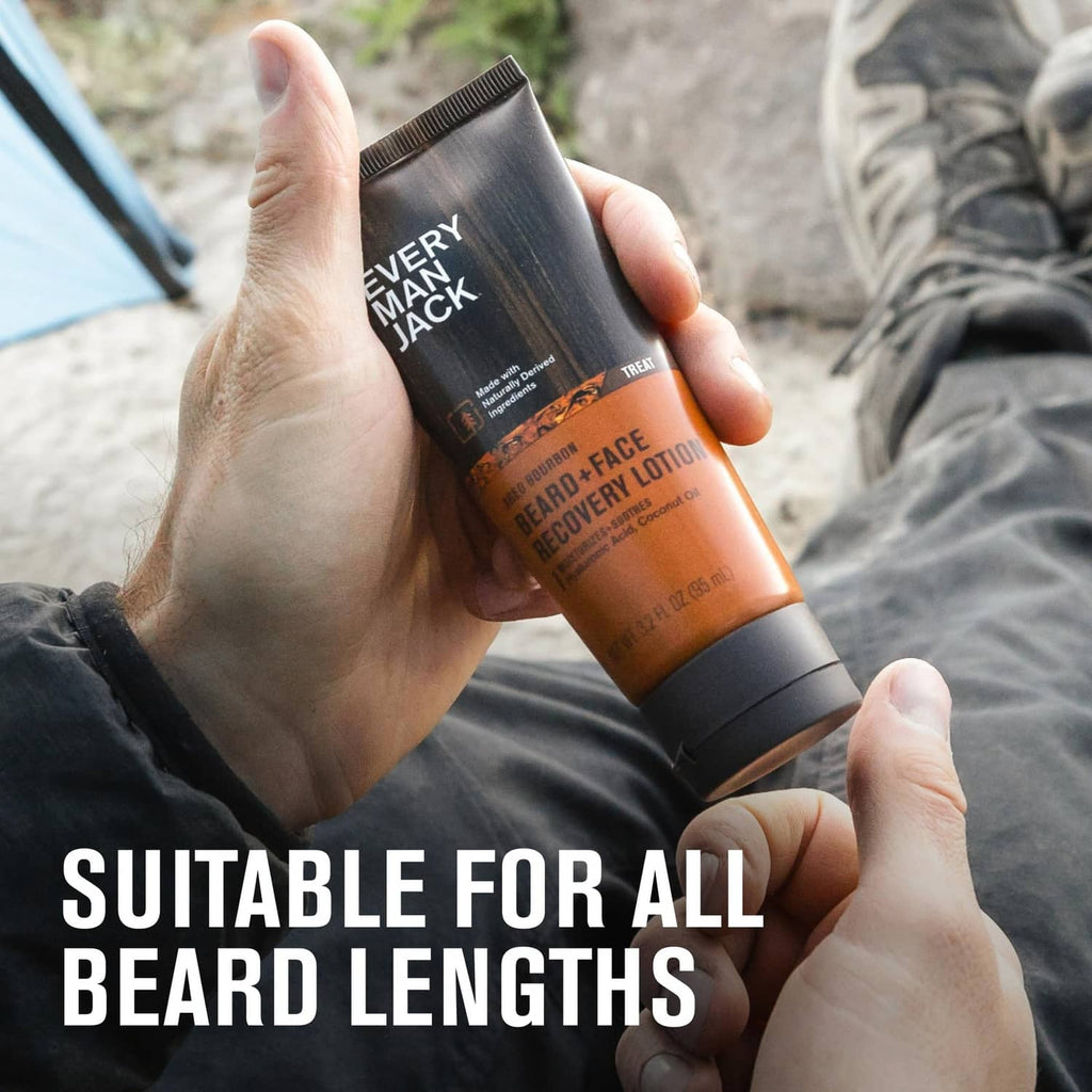 Beard-and-face recovery lotion tube held in hand, amber and dark gray