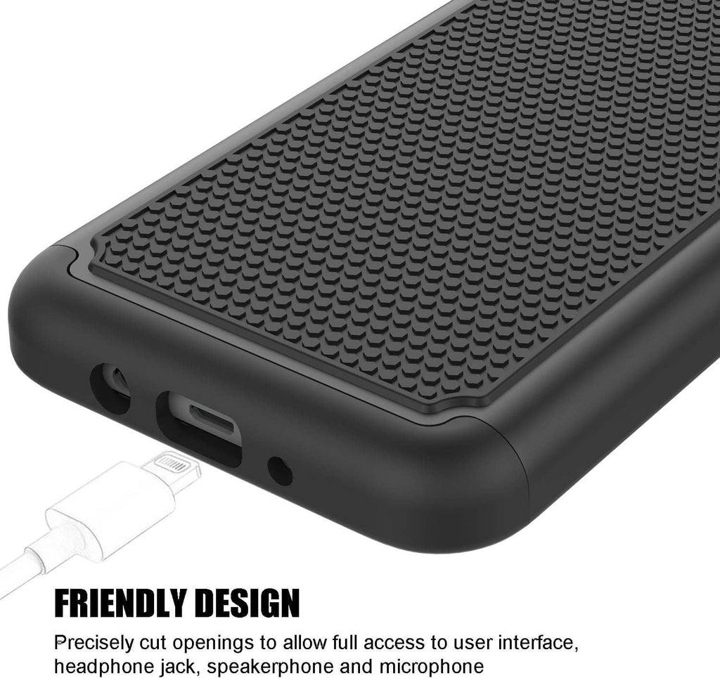 Shockproof phone case corner detail with textured back and open port cutouts
