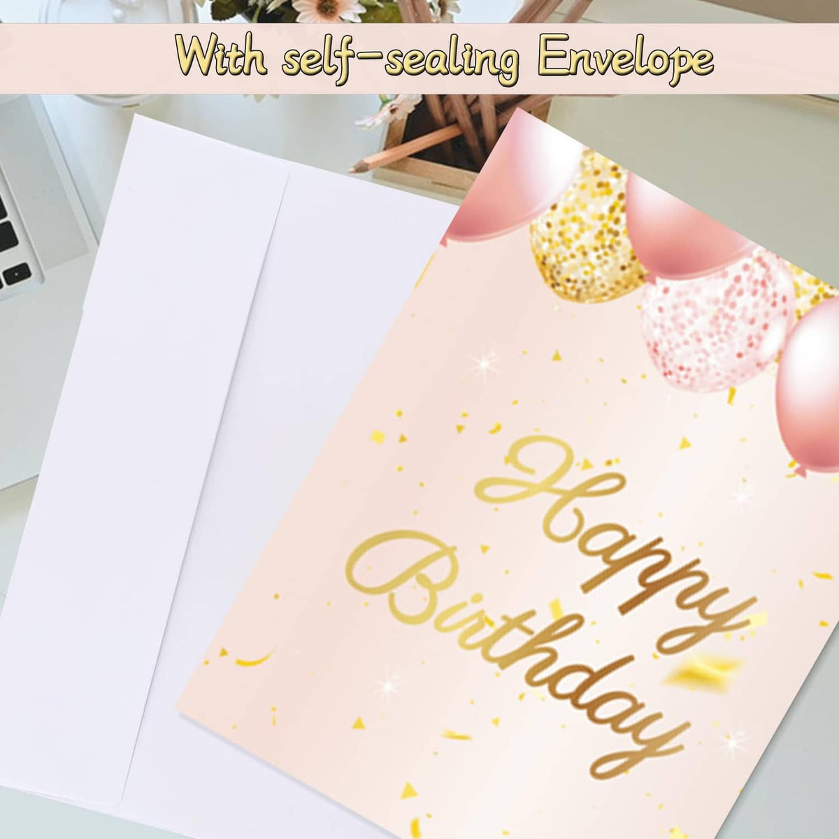 Jumbo birthday card with self-sealing envelope, rose gold Happy Birthday front