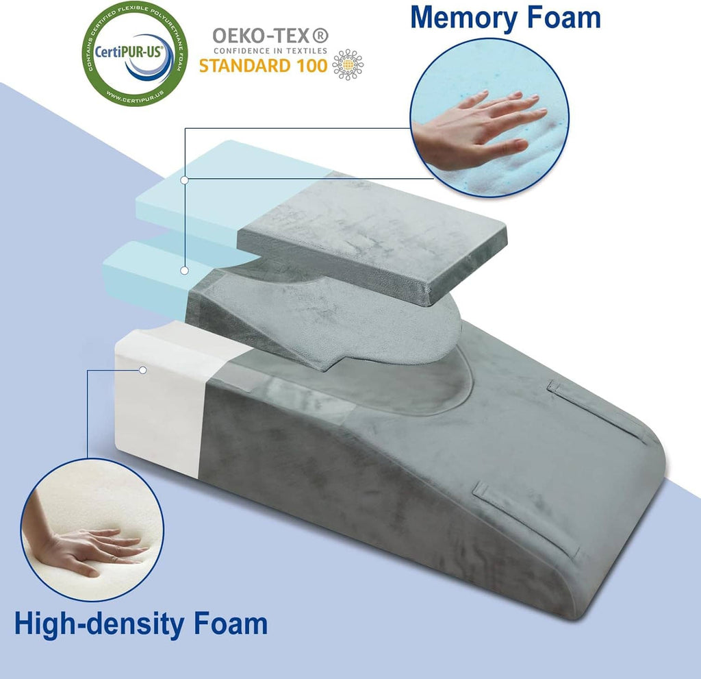 Gray memory foam leg elevation pillow with thick wedge base and knee groove