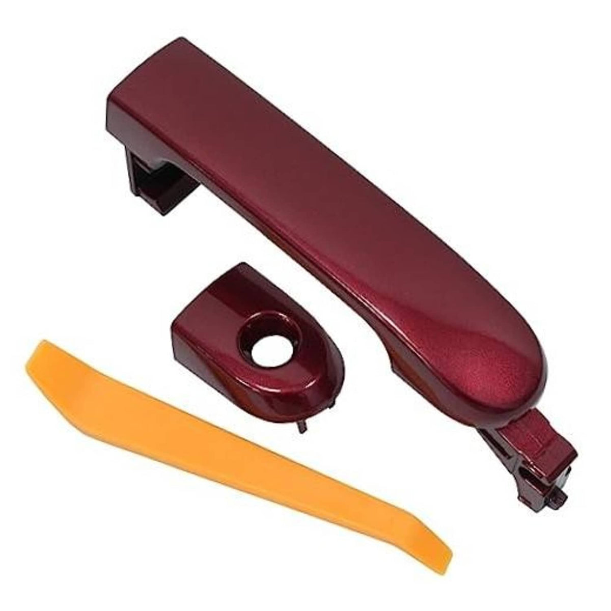 Red front driver-side exterior door handle with mounting bracket and keyhole cover