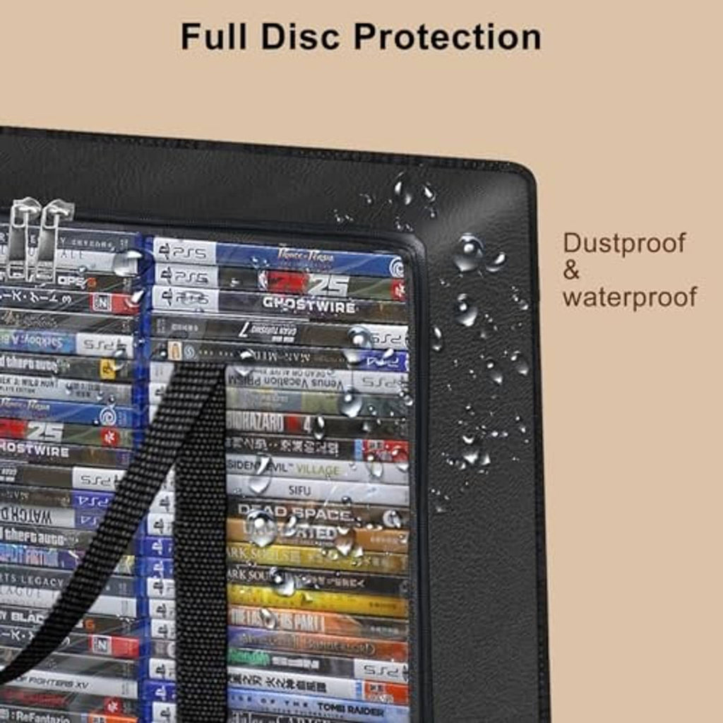 Black CD/DVD storage bag close-up with clear window and zipper top for dustproof storage