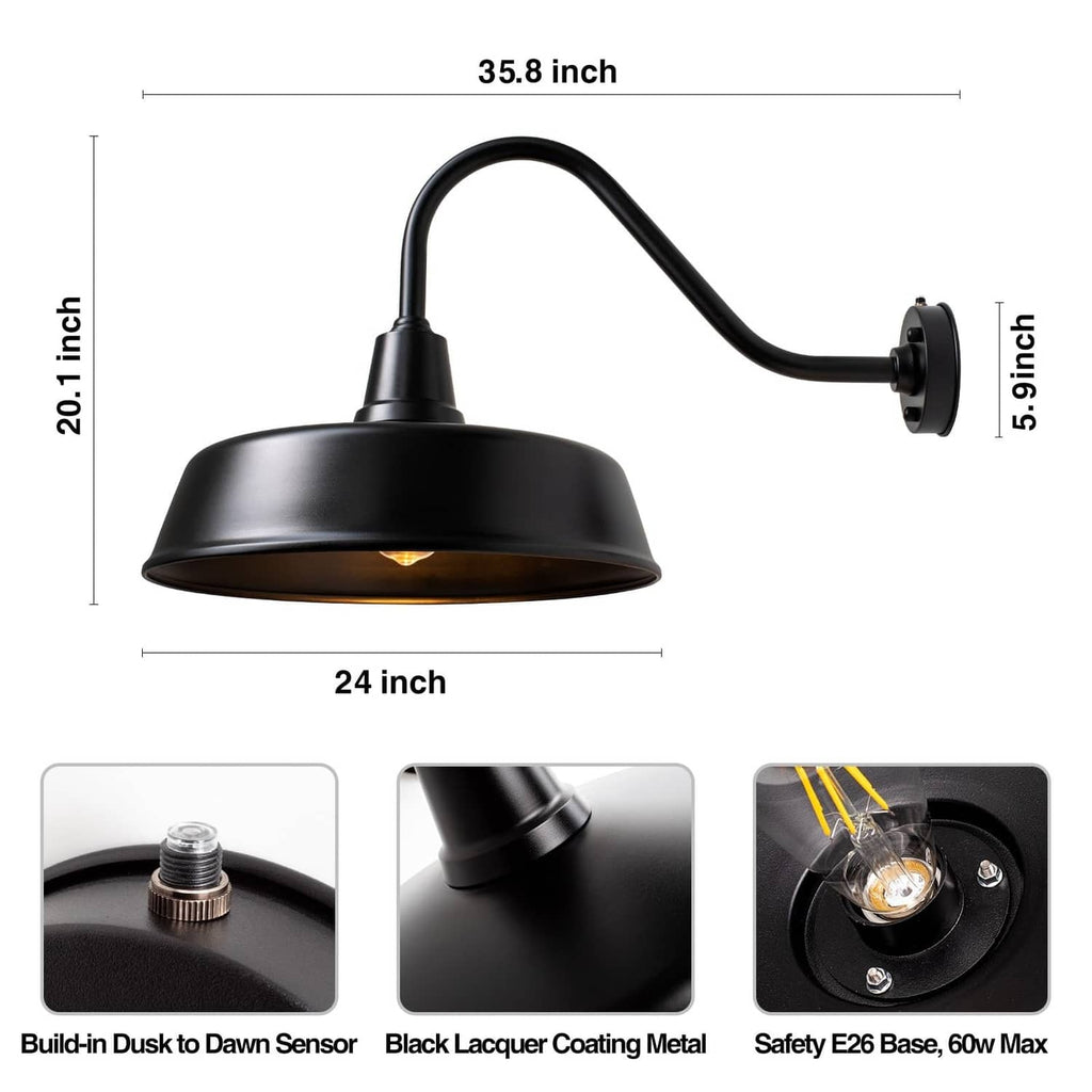 Black barn light with gooseneck arm, domed shade, and E26 bulb base (24 inch)