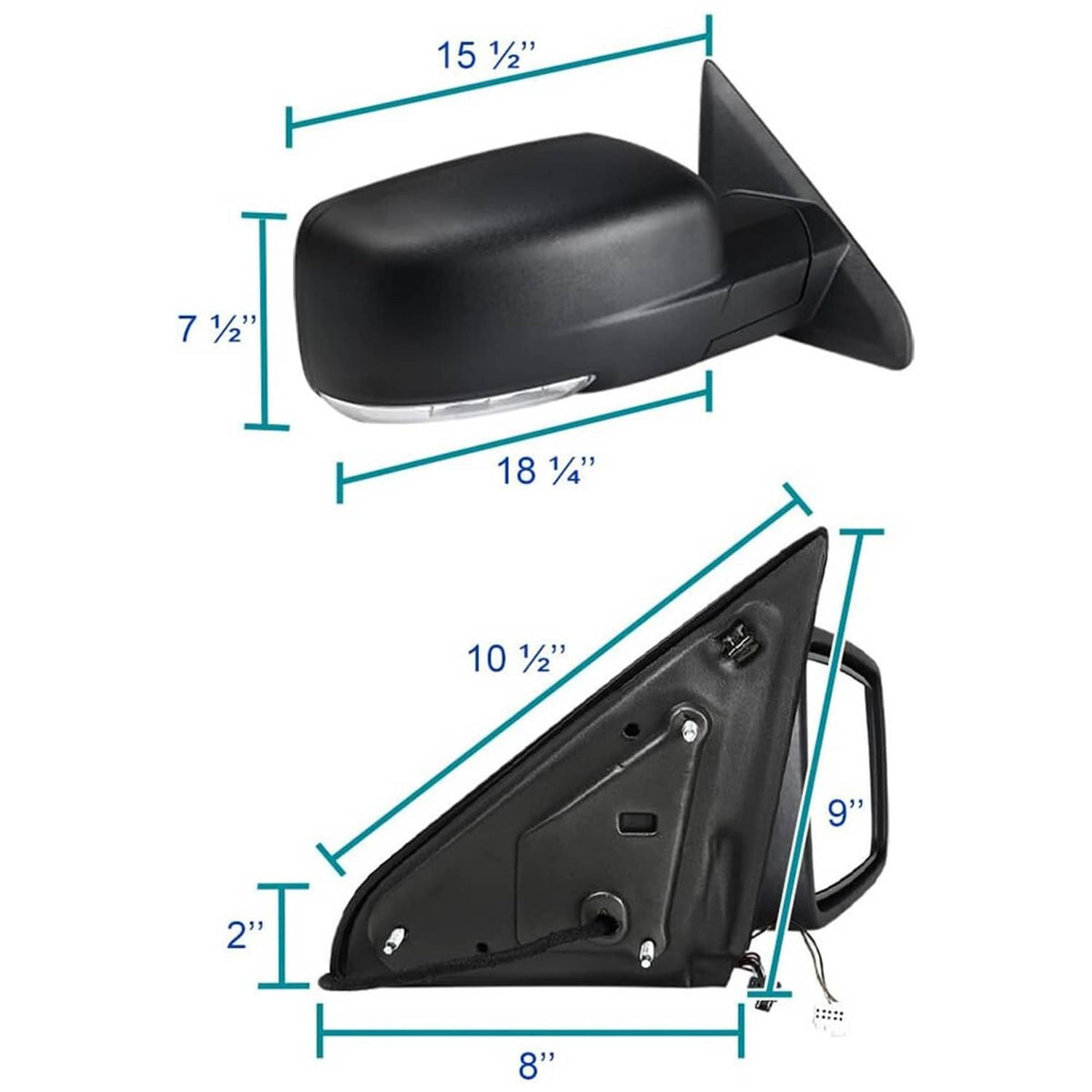 Passenger-side power folding side mirror with mounting plate, black housing and signal light