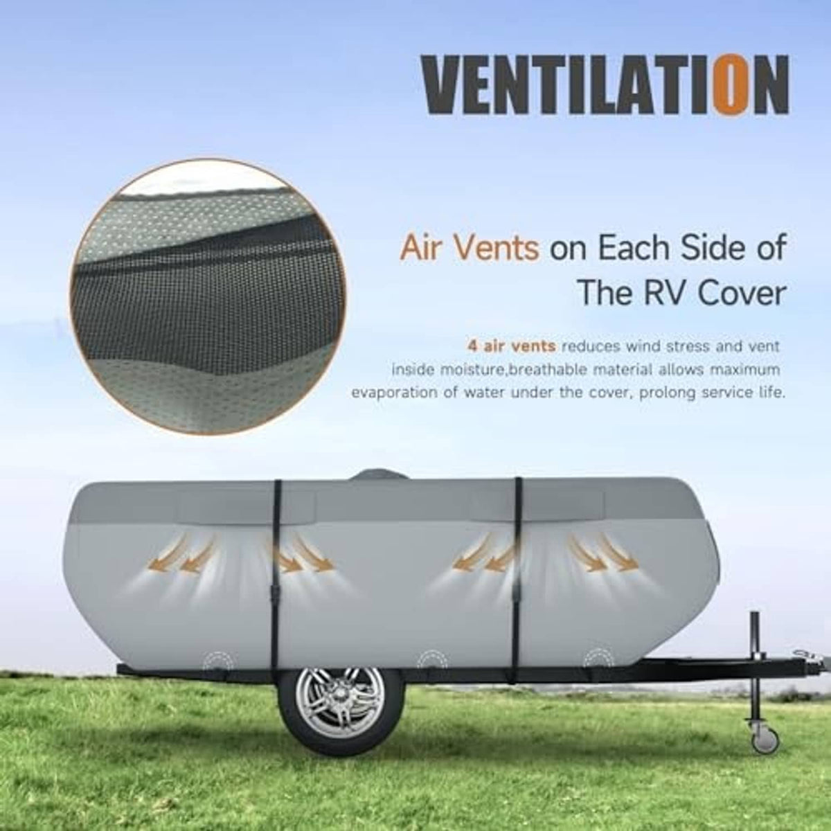 Gray RV cover with side air vents over a pop-up camper trailer