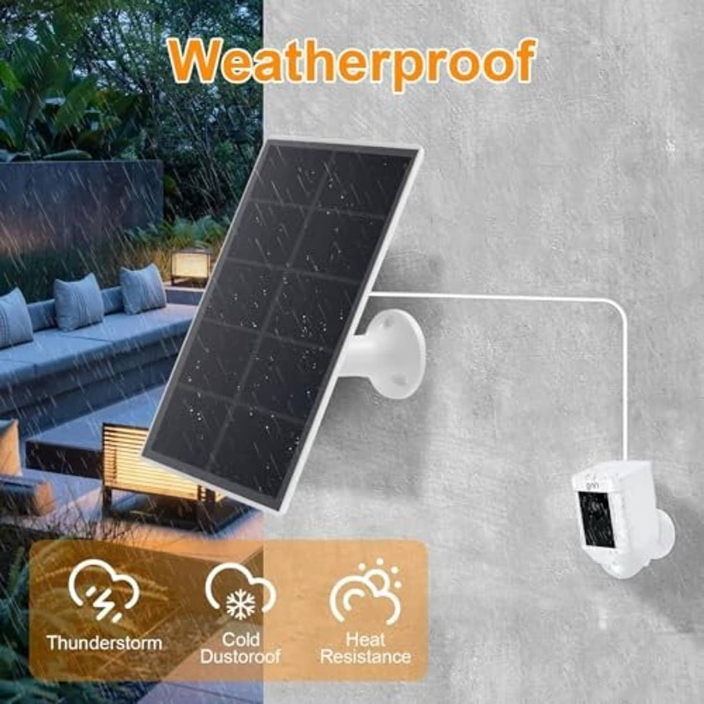 Weatherproof dark solar panel with white wall mount and attached cable connection