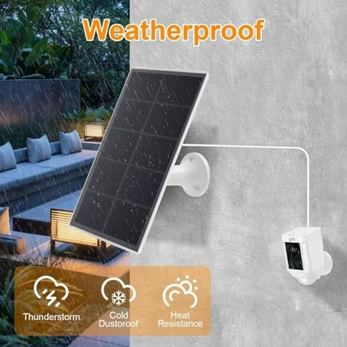 Weatherproof dark solar panel with white wall mount and attached cable connection