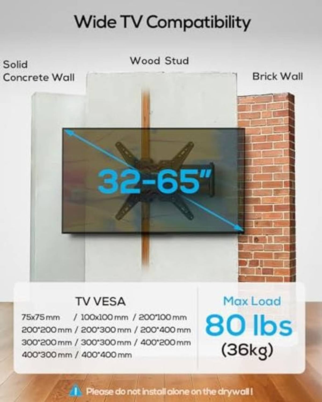 Corner TV wall mount bracket for 32–65 inch TVs with standard VESA mounting pattern