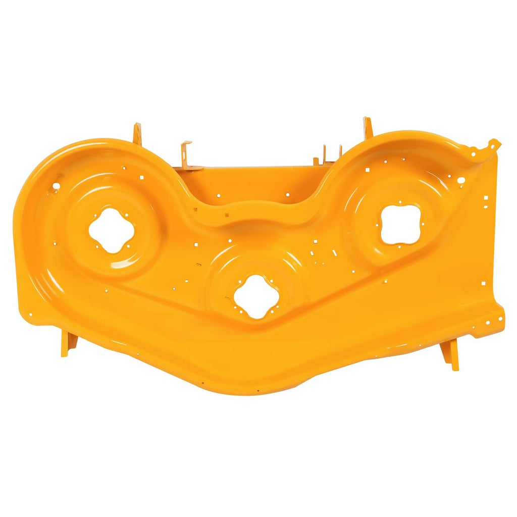 Yellow 50-inch mower deck shell with three round holes and support arms