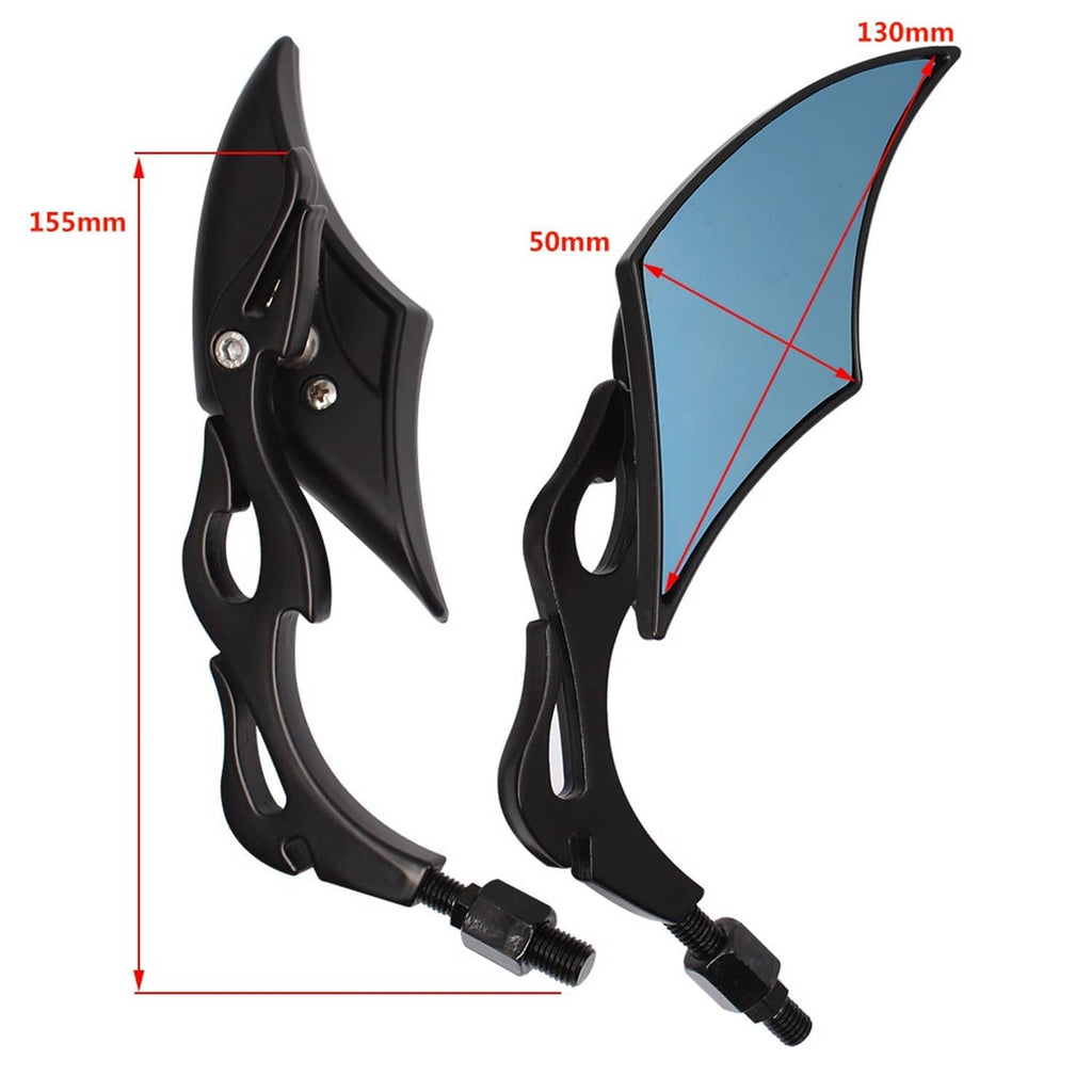 Motorcycle rearview side mirrors with black frames and blue-tinted lenses, two angles