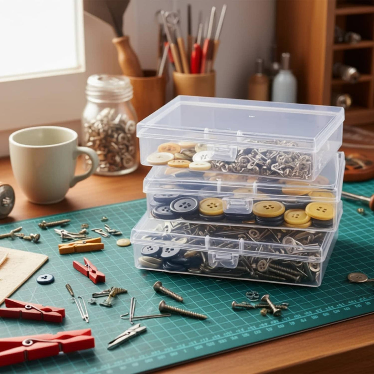 Clear rectangular organizer boxes with snap lids, holding small craft pieces