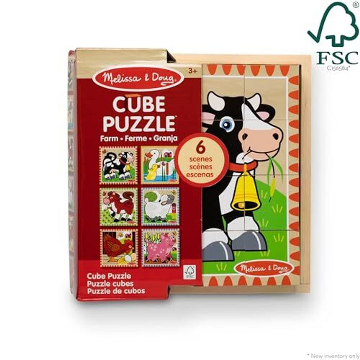 Boxed Melissa & Doug wooden cube puzzle farm set, 6 scenes, 16 pieces