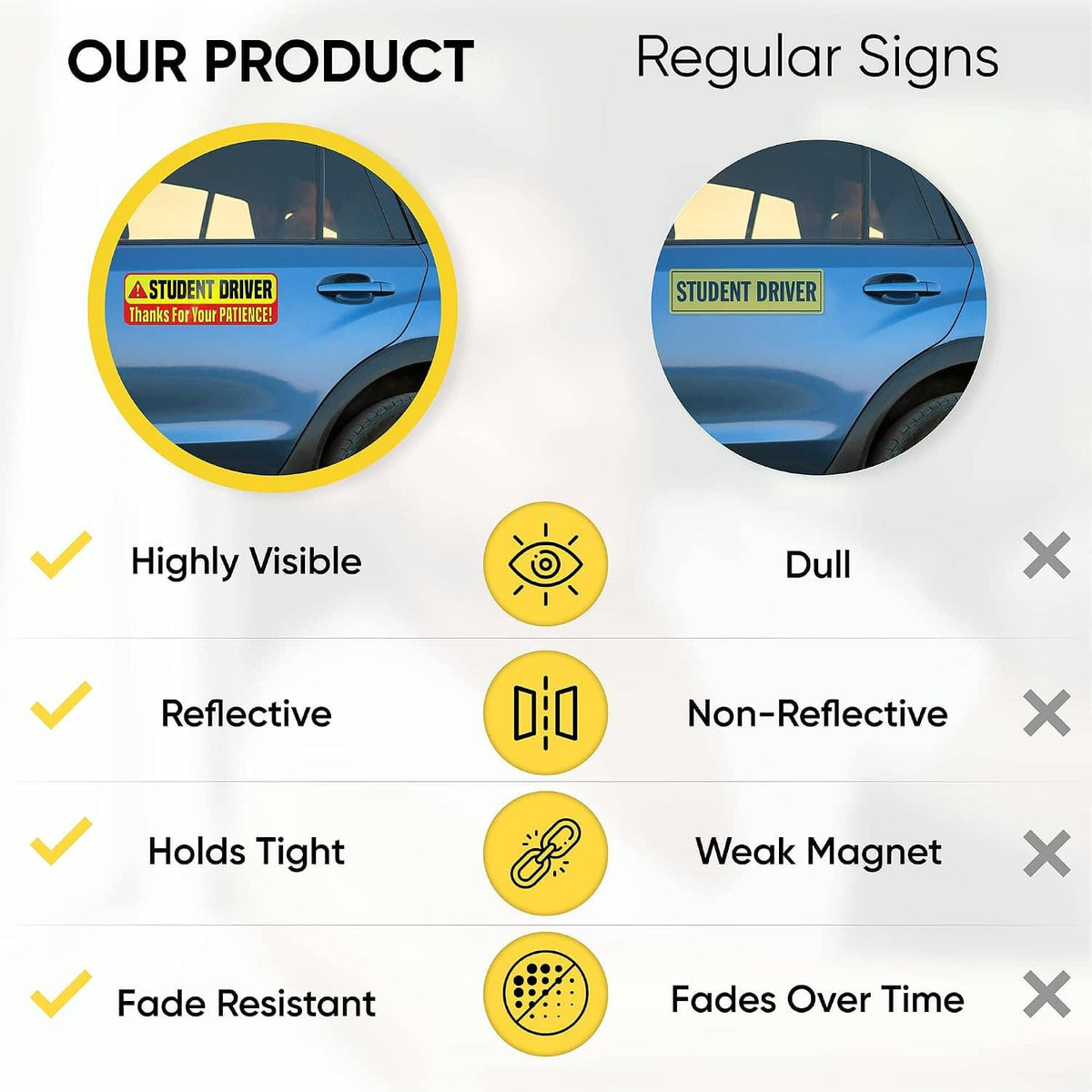 Student Driver magnet feature chart: highly visible, reflective, holds tight, fade resistant