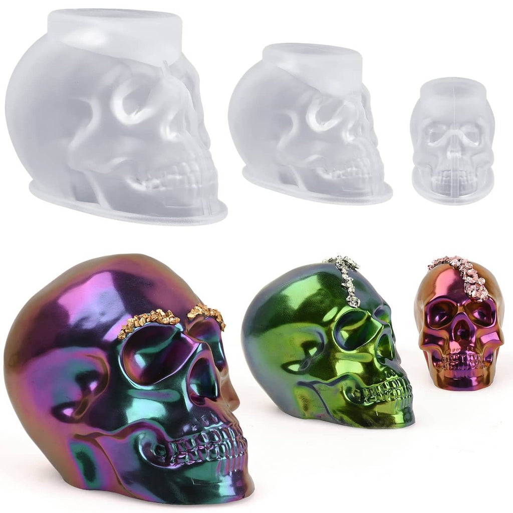 Set of 3 transparent silicone skull molds: large, medium, and small