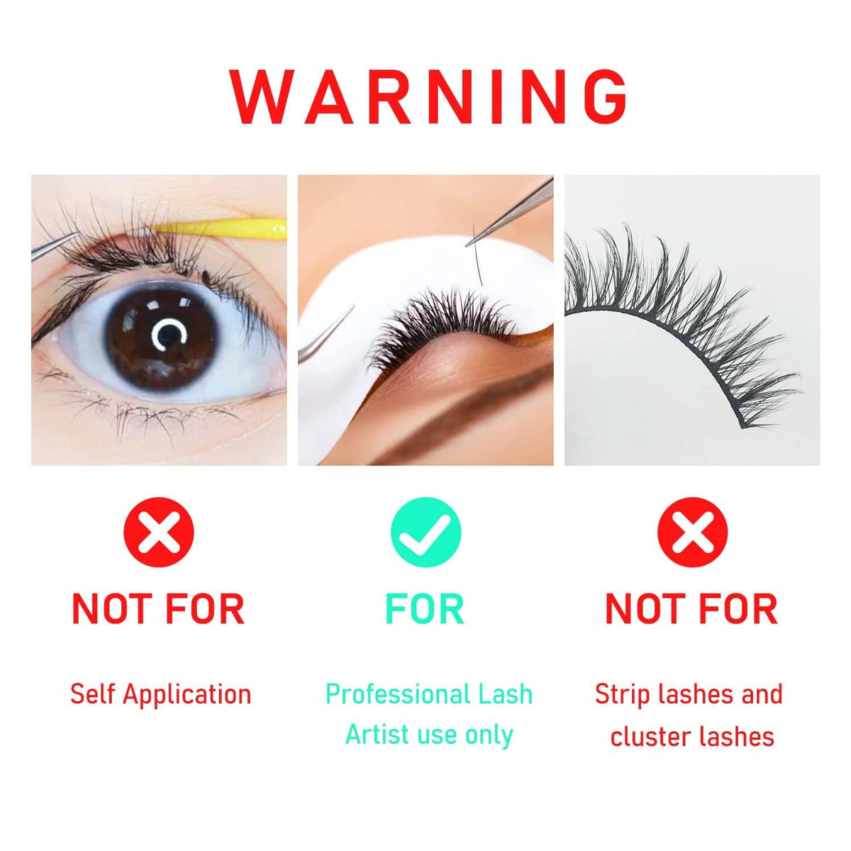 Eyelash adhesive safety instruction graphic with not-for and for icons