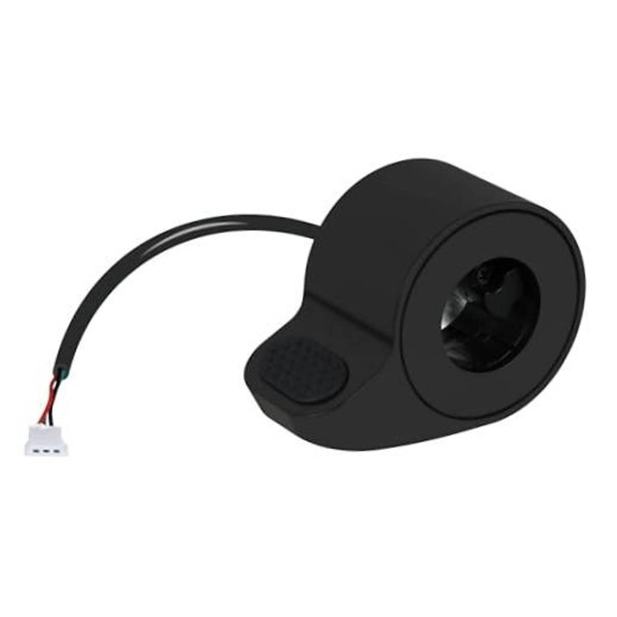 Black electric scooter thumb throttle replacement with textured pad and wiring connector