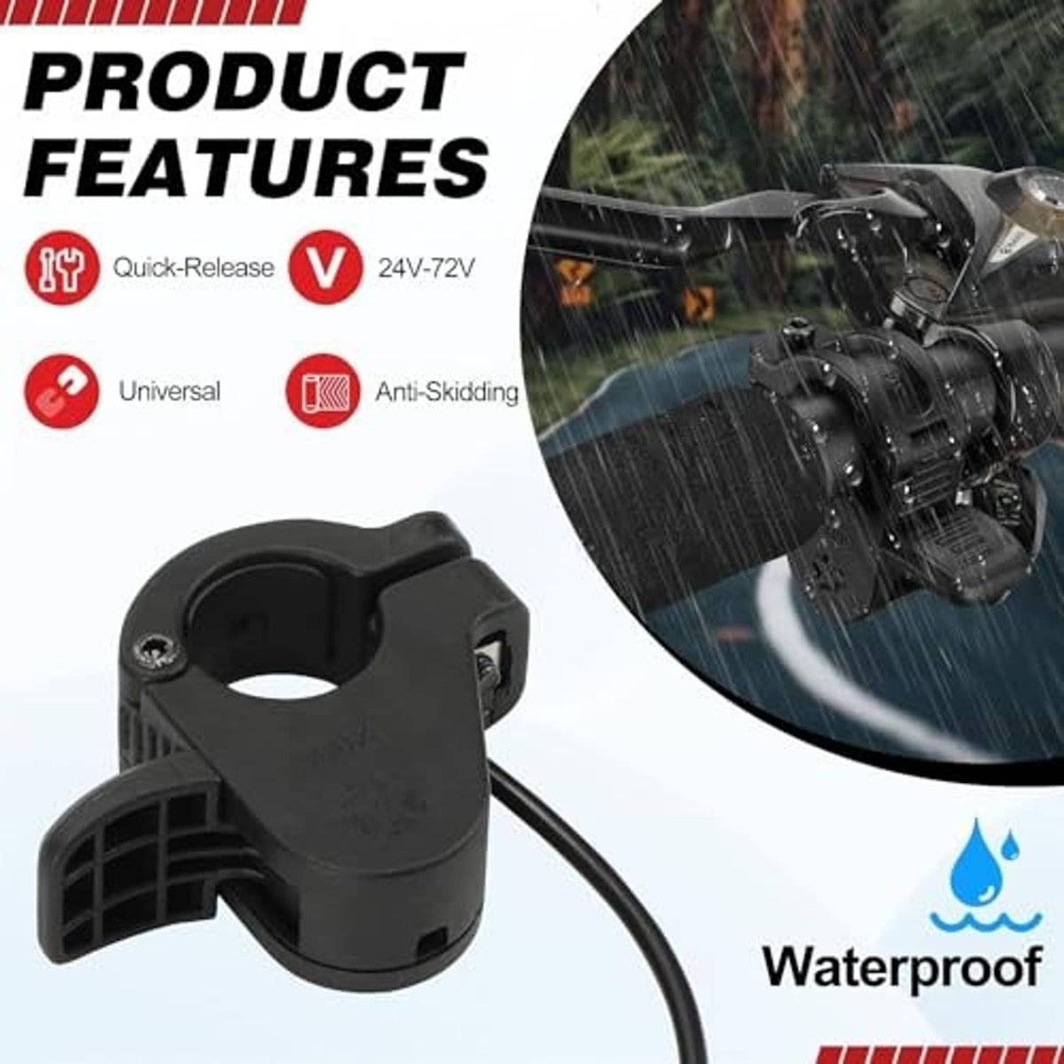 Black thumb throttle clamp with cable; close-up of mounting housing and hole