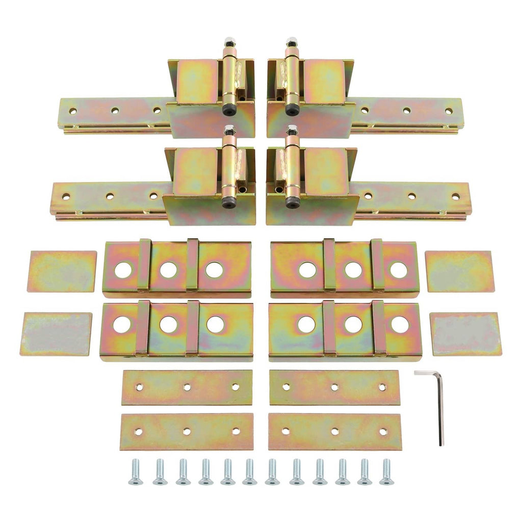 Heavy-duty weld-on hidden hinge plates with hardware and screws, rainbow zinc finish