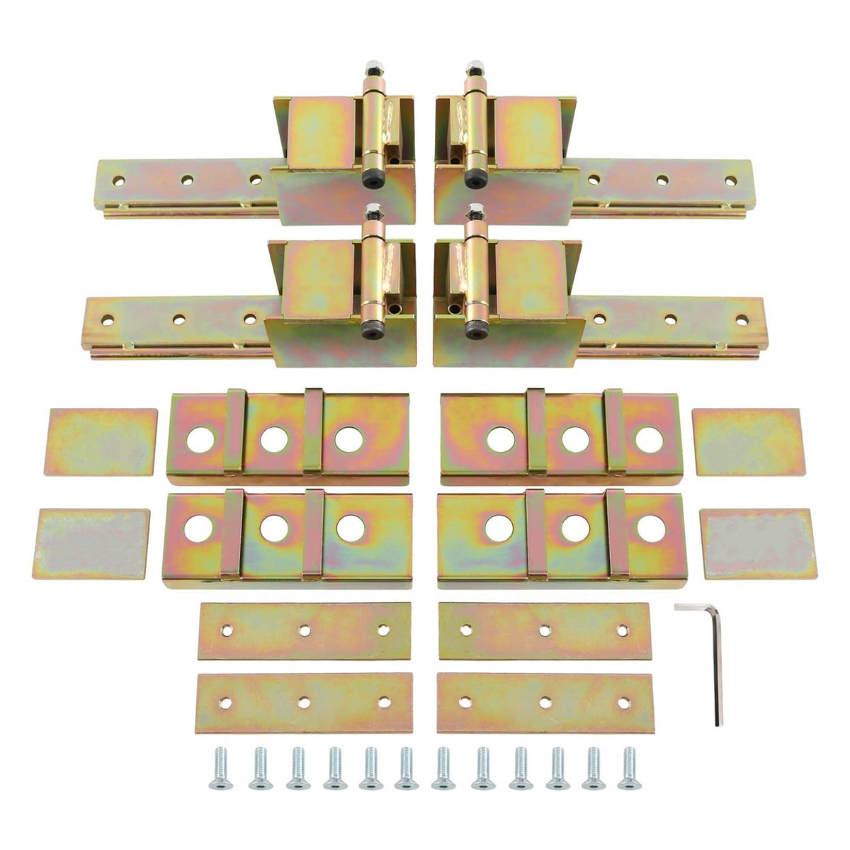 Heavy-duty weld-on hidden hinge plates with hardware and screws, rainbow zinc finish