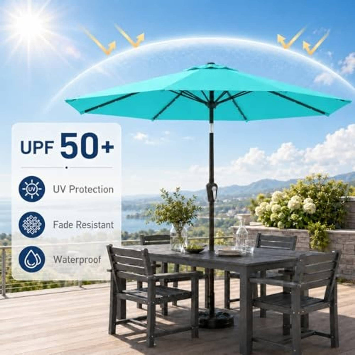 Solar-powered patio umbrella in teal with LED string lights and center pole