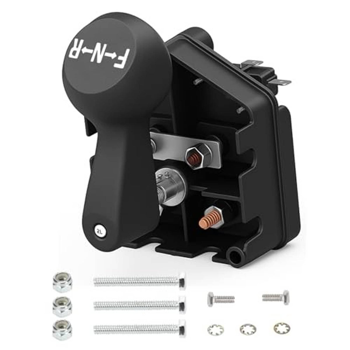 Black golf cart forward/reverse switch assembly from side with terminal openings