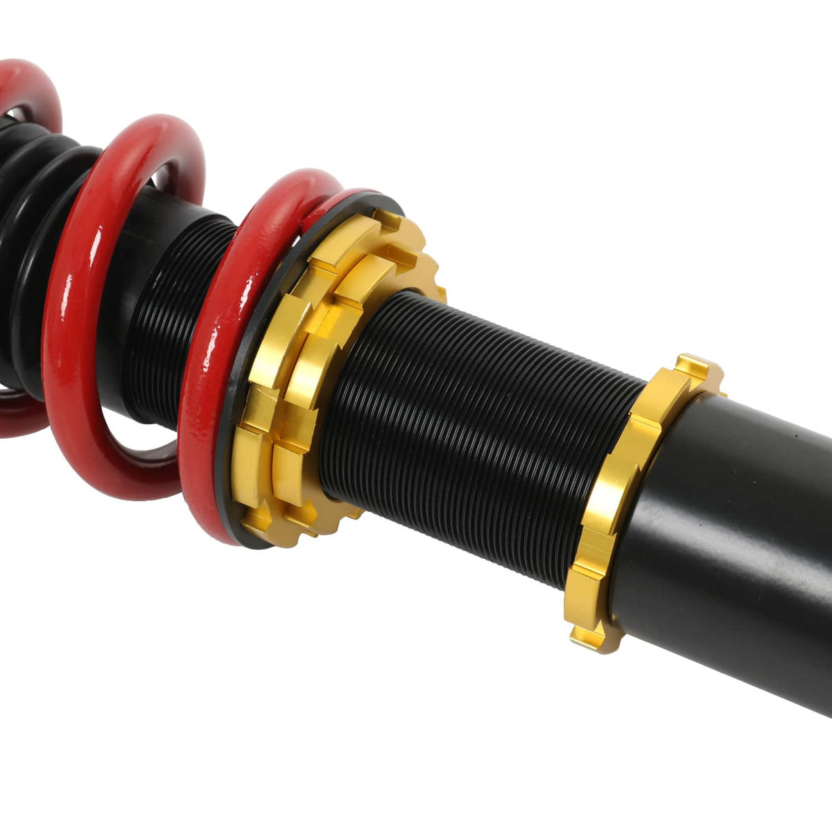 Adjustable coilover strut with red spring, black threaded body, and gold height collar