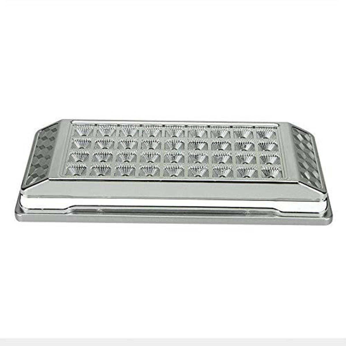 Slim rectangular LED dome light with clear lens and grid of white LED reflectors