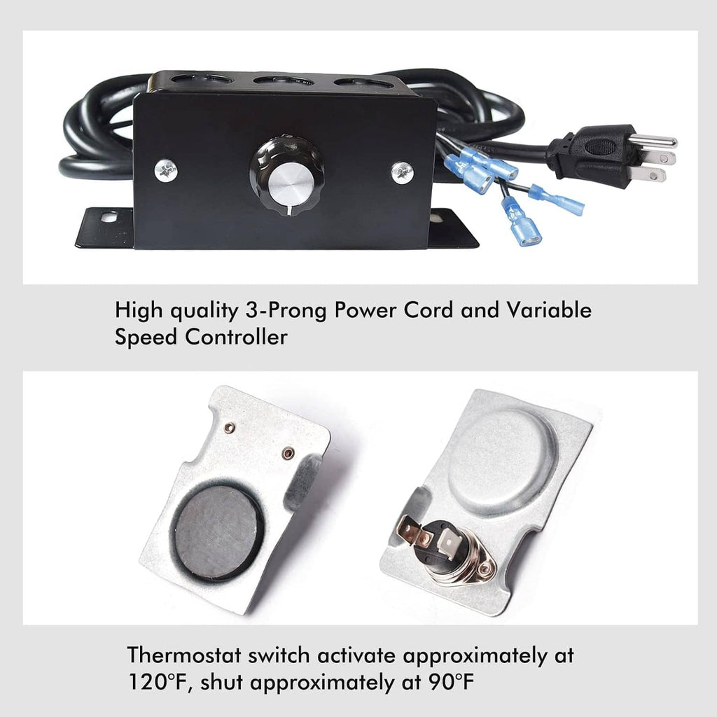 Fireplace blower controller with 3-prong power cord, variable speed control, thermostat switch