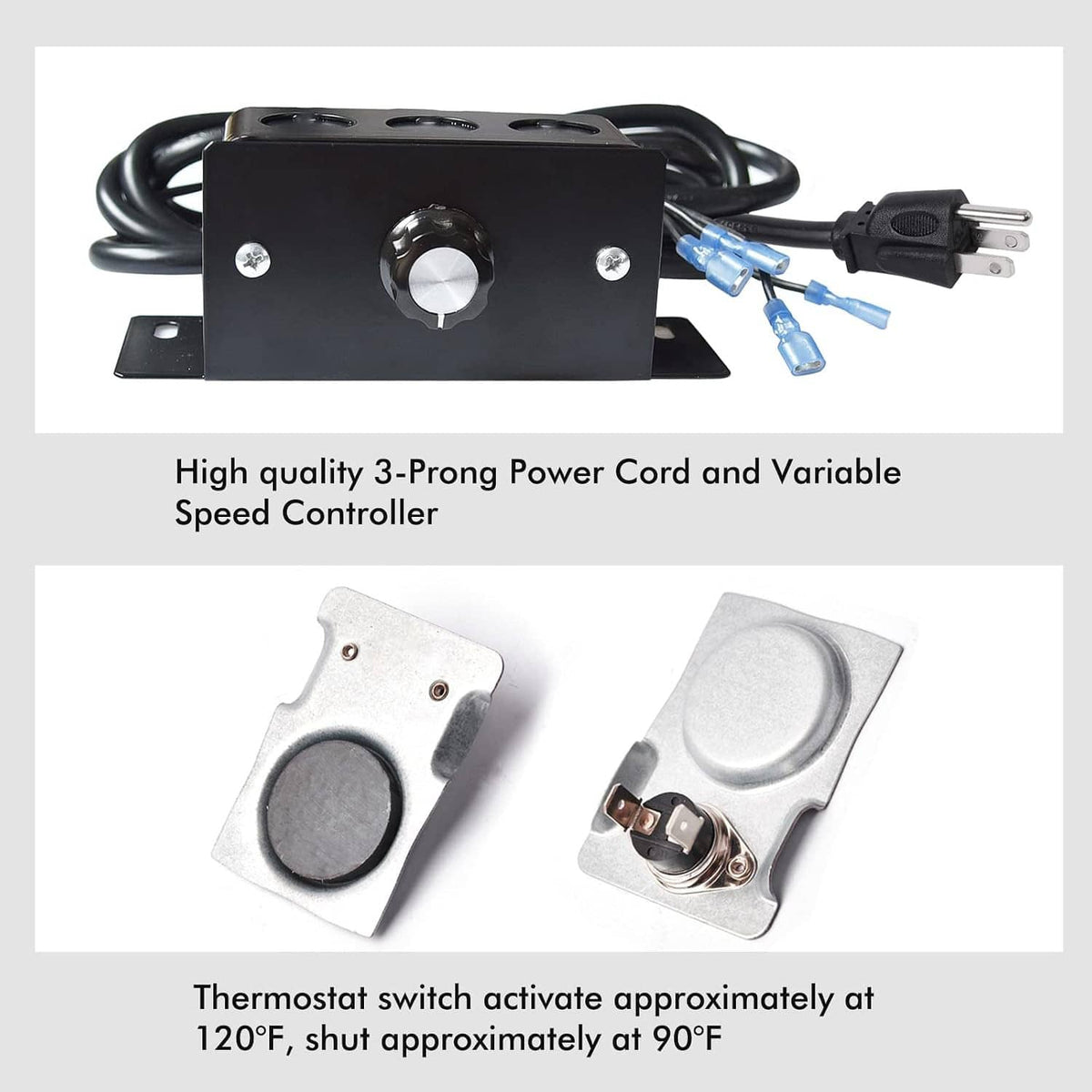 Fireplace blower controller with 3-prong power cord, variable speed control, thermostat switch