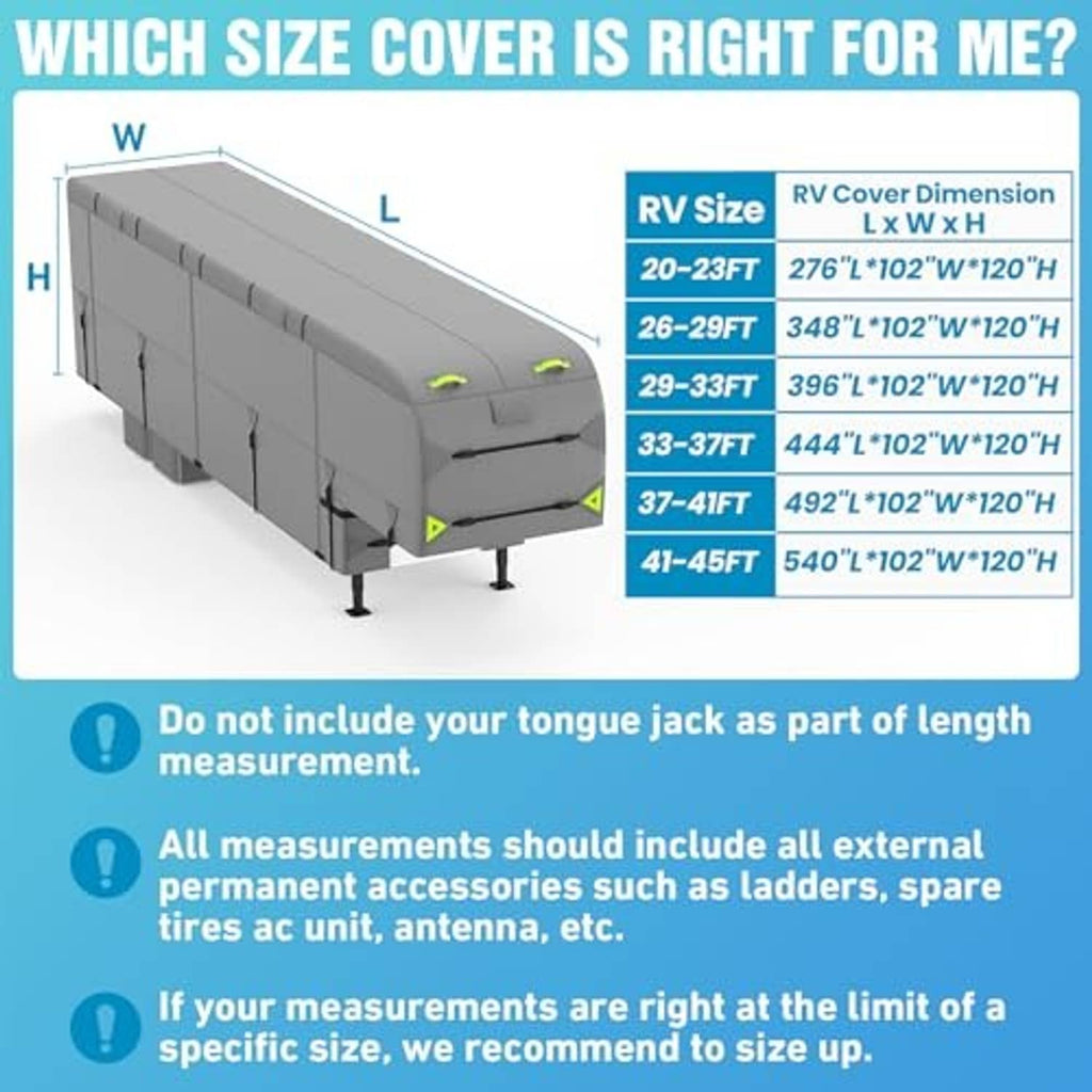 Gray RV cover size diagram with length, width, and height measurements for 20–23 ft