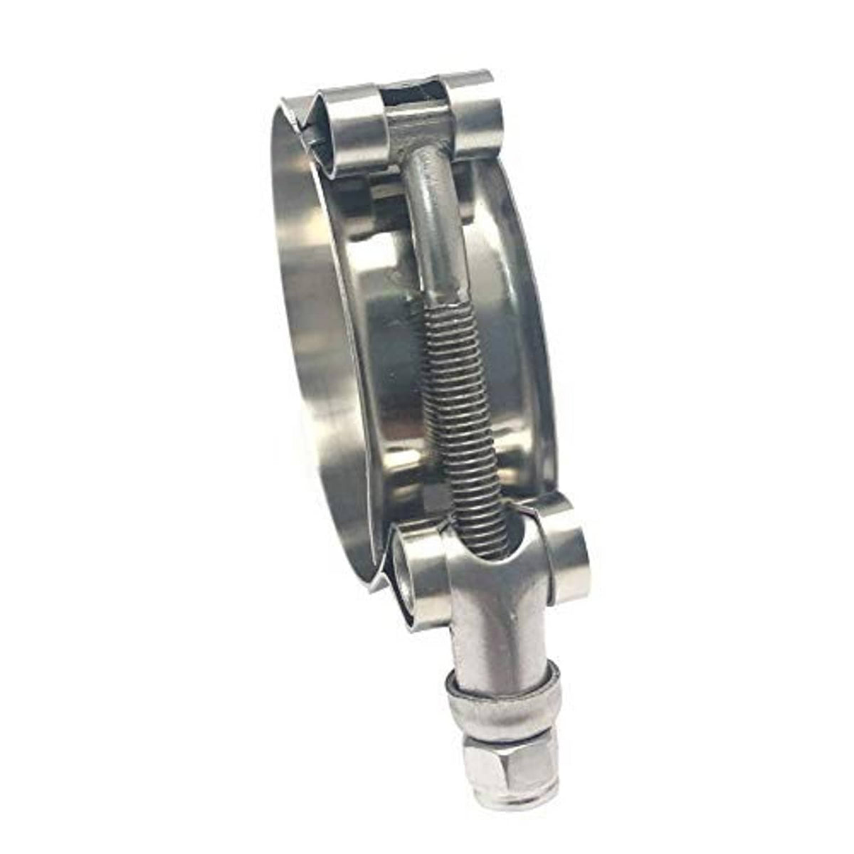 Stainless steel T-bolt hose clamp with threaded screw mechanism and hex head