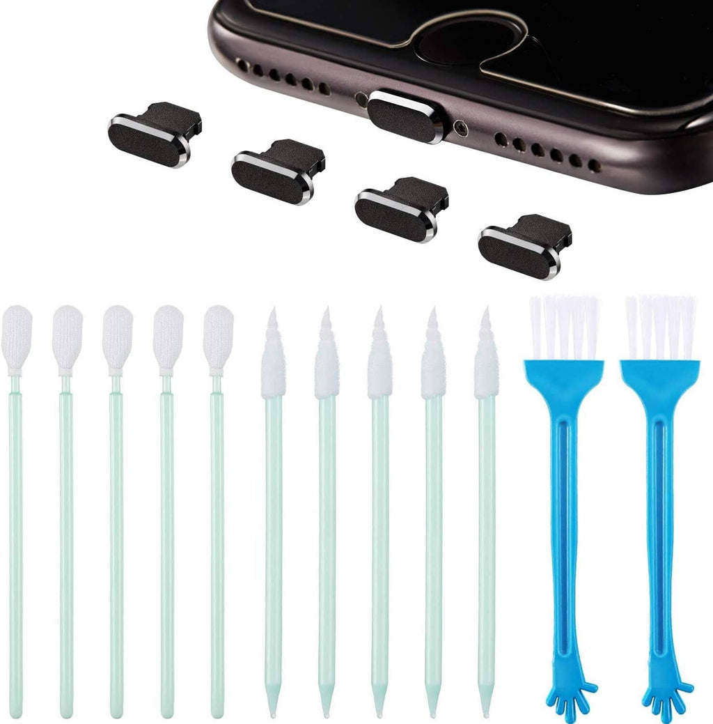 Phone cleaning kit: black dust plugs with white/blue brushes for device ports