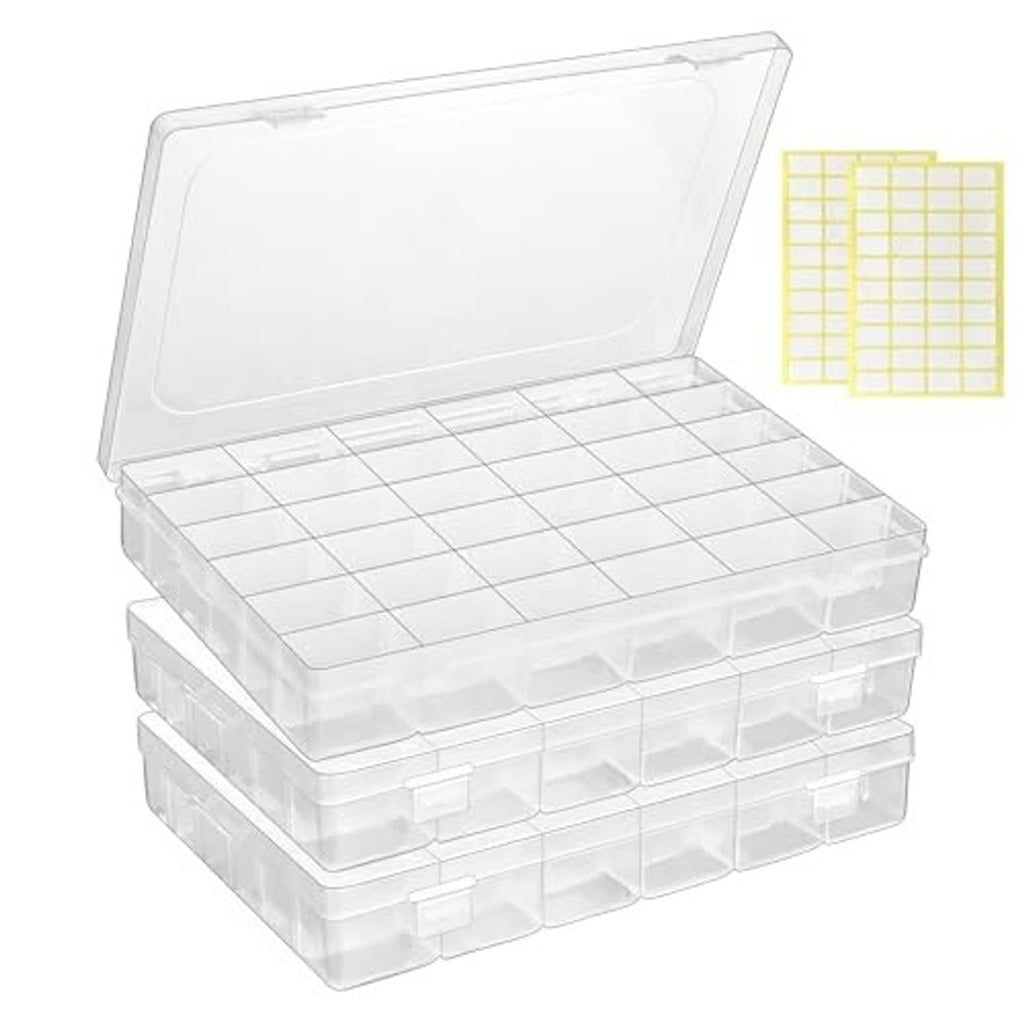 Clear plastic grid organizer box set with open lid and gridded compartment insert