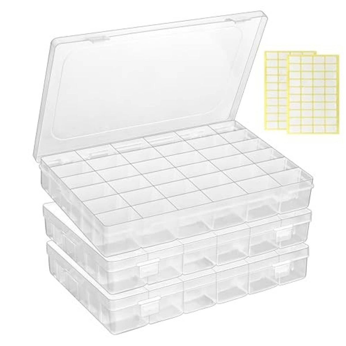 Clear plastic grid organizer box set with open lid and gridded compartment insert