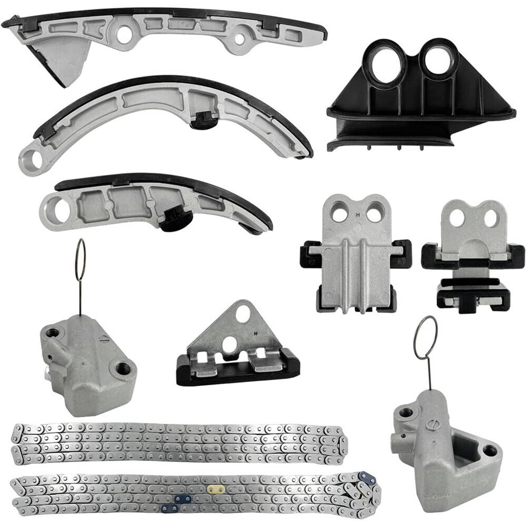 Timing chain kit parts set: curved guides, metal rails, tensioner, and brackets