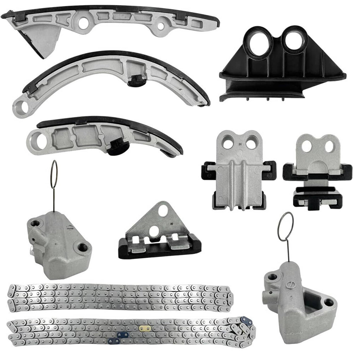 Timing chain kit parts set: curved guides, metal rails, tensioner, and brackets