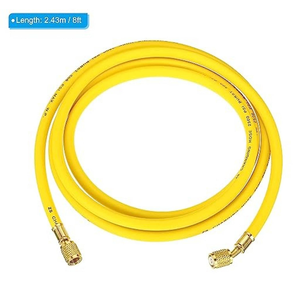 Yellow refrigerant charging hose, 8 ft length, brass 1/4 SAE connectors