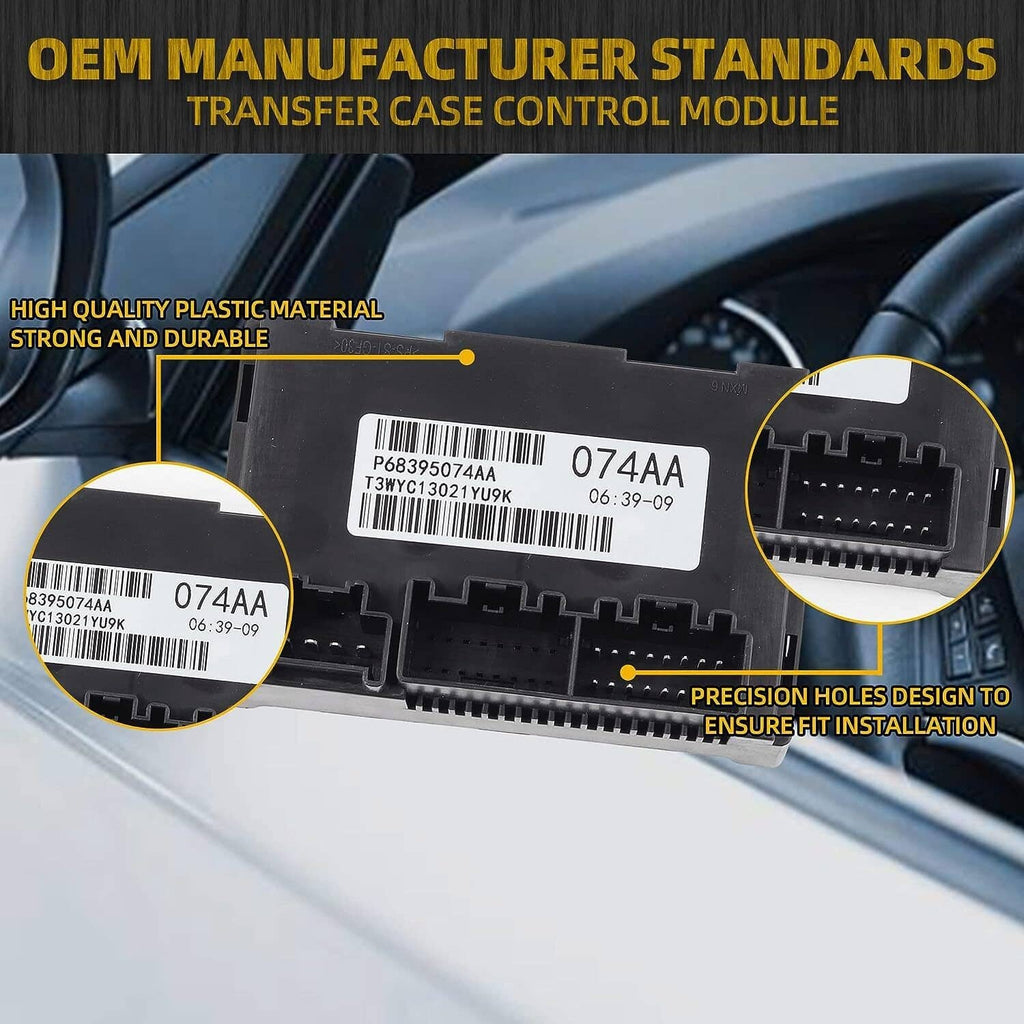 Transfer case control module with front connector pins and identification label