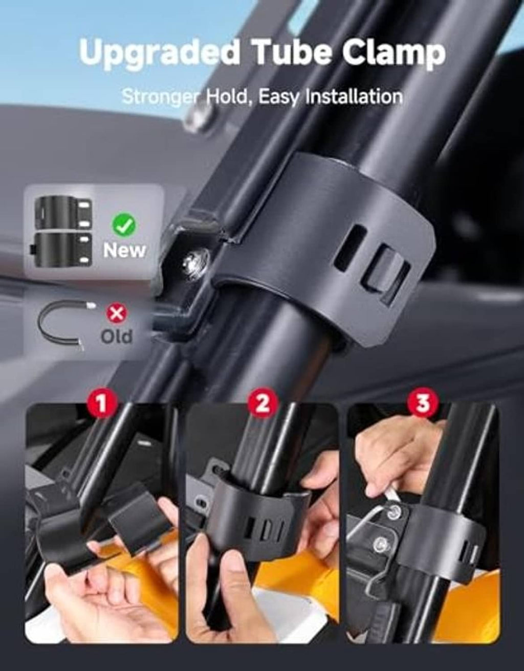 Upgraded tube clamp for front flip windshield, shown with installation hands