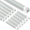 LED shop light set with V-shaped white end caps, long linear fixtures in silver