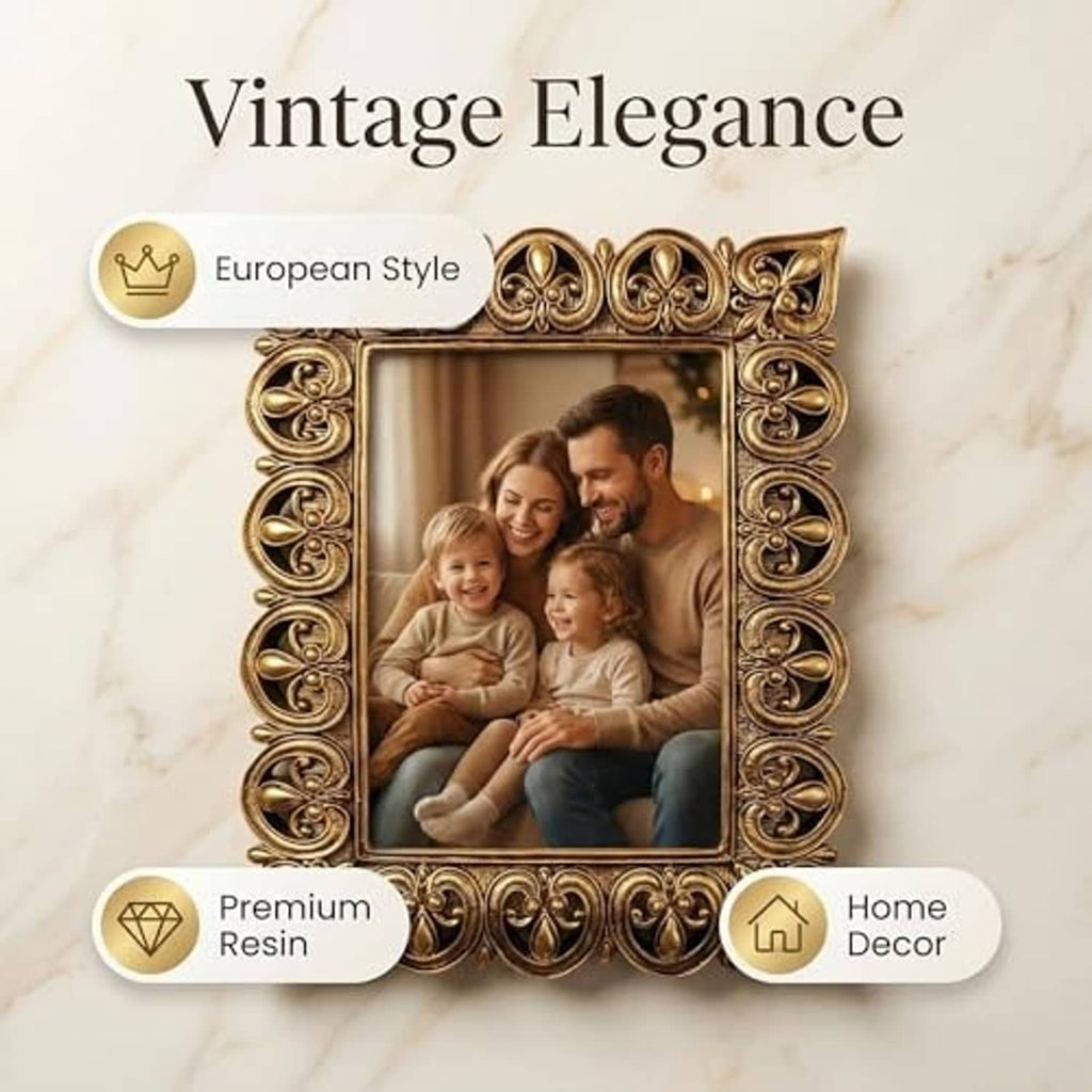 Antique gold scroll photo frame with ornate border, displaying a family portrait photo