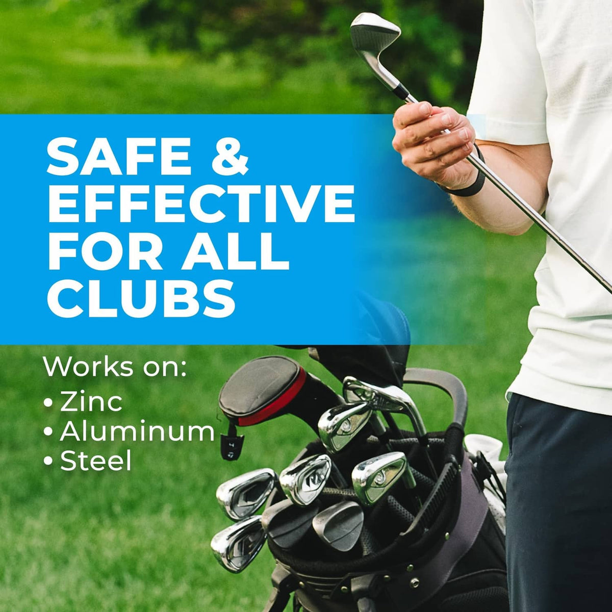 Golfer holding a golf club while applying polish to metal heads for cleaning.