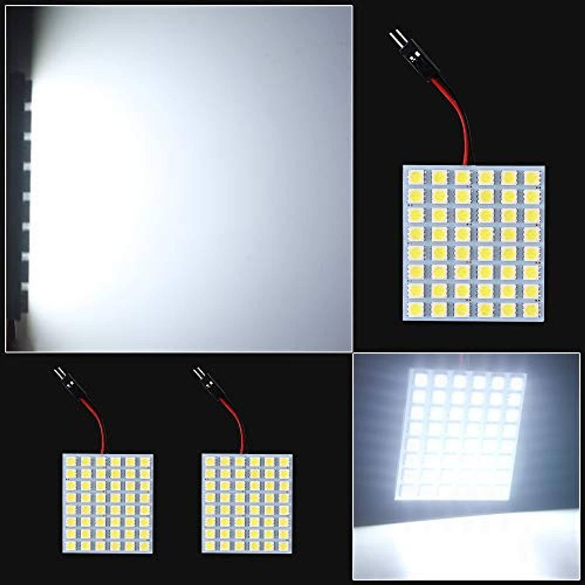 Square LED panel light showing bright white illumination with red and black leads